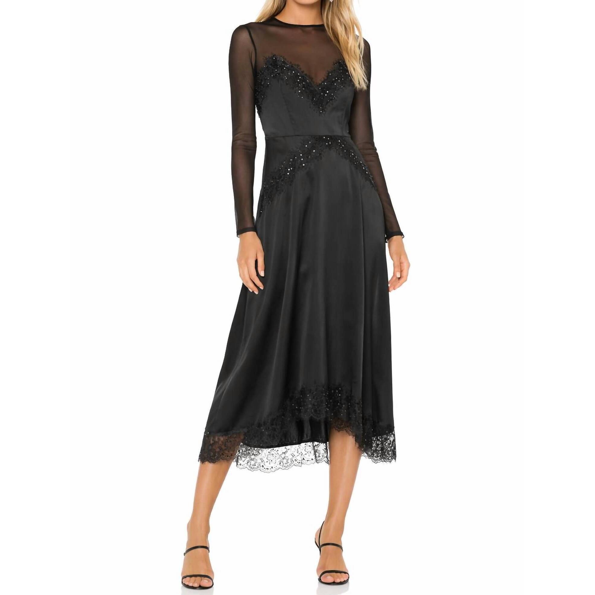 New The Kooples Sheer Lace Beaded Long Sleeve Midi Dress In Black